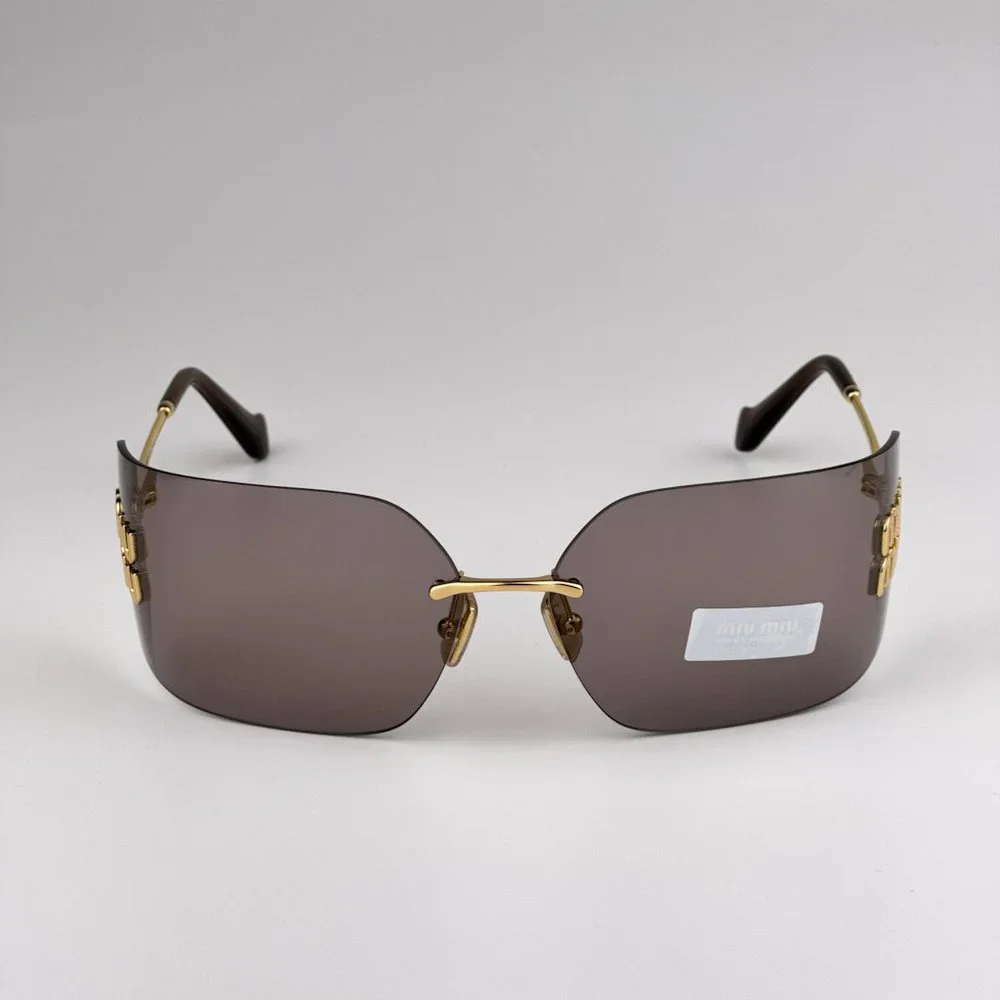 Miu Miu MU54YS 5AK06I BRAND NEW Sunglasses Gold Purple Wraparound Rimles Women